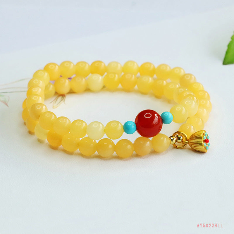 Beige Jade & Red Agate Double-Loop Bracelet
