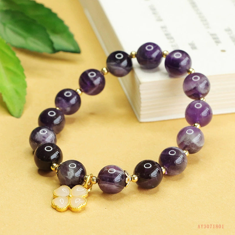 Lavender Amethyst & Four-Leaf Clover Charm Bracelet