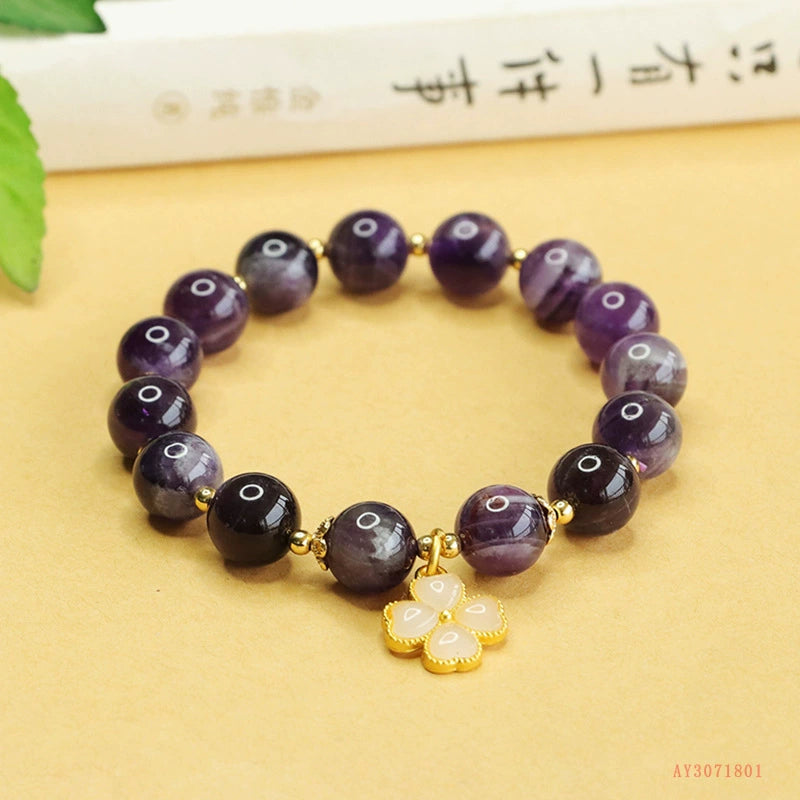 Lavender Amethyst & Four-Leaf Clover Charm Bracelet