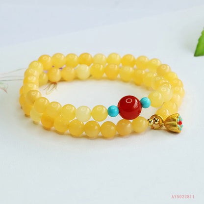 Beige Jade & Red Agate Double-Loop Bracelet