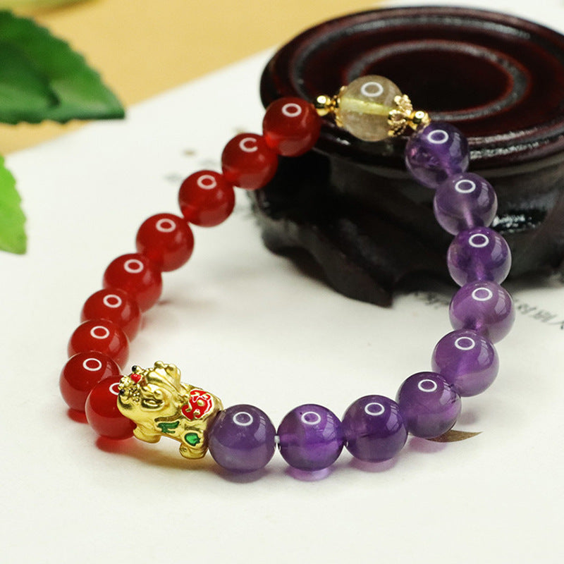 Nine Purple Li Fire Amethyst & Red Agate Pi Xiu Bracelet