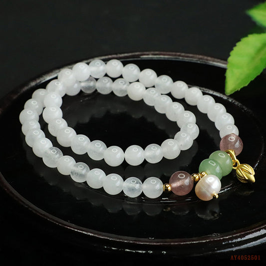 Golden Silk Jade & White Jade & Strawberry Quartz & Pearl Double Wrap Bracelet