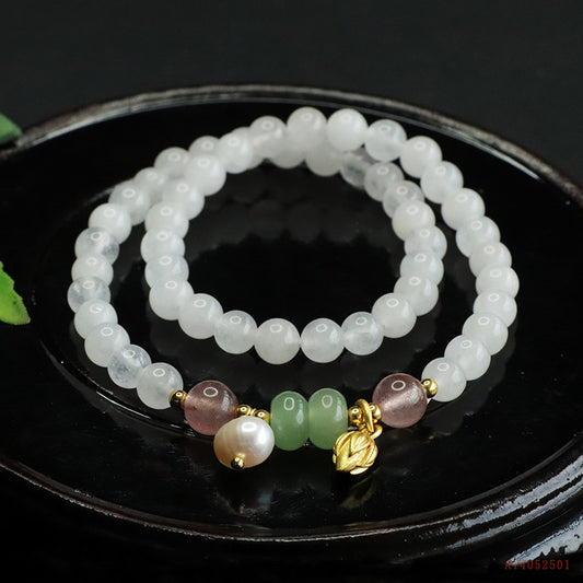 Golden Silk Jade & White Jade & Strawberry Quartz & Pearl Double Wrap Bracelet